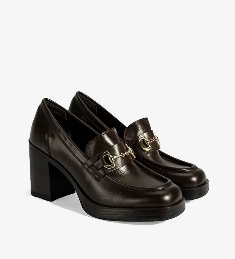 Kadın Kahve Metal Toka Detaylı Kalın Topuklu Loafer - Görsel 1