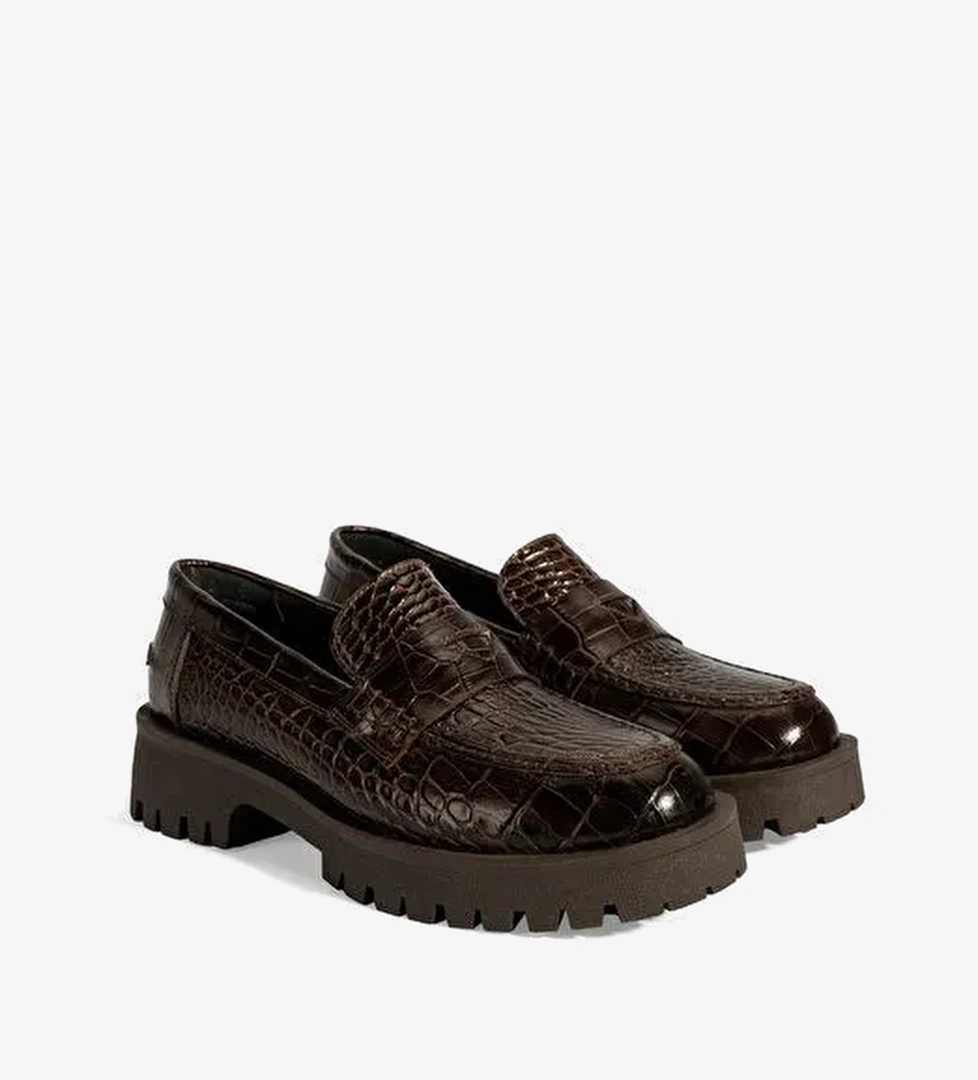 Kadın Kahve Kroko Basklı Deri Loafer - Görsel 1