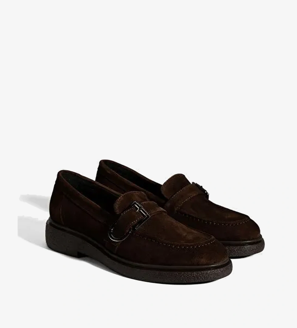 Kadın Kahve Metal Toka Detaylı Süet Loafer - Görsel 1