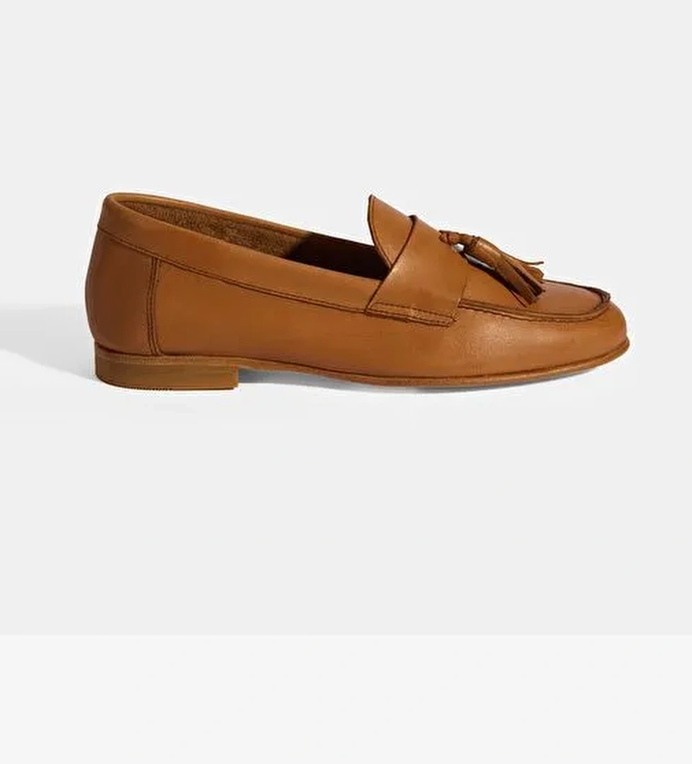 Kadın Taba Püskül Detaylı Slip-On Deri Loafer - Görsel 1
