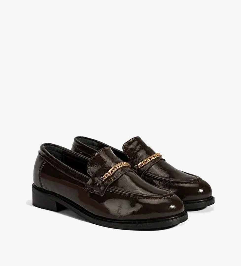 Kadın Kahve Zincir Aksesuarlı Deri Loafer - Görsel 1