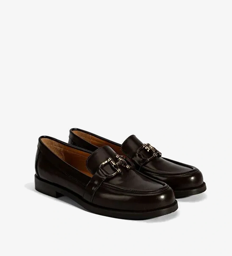 Kadın Kahve Metal Toka Detaylı Deri Loafer - Görsel 1