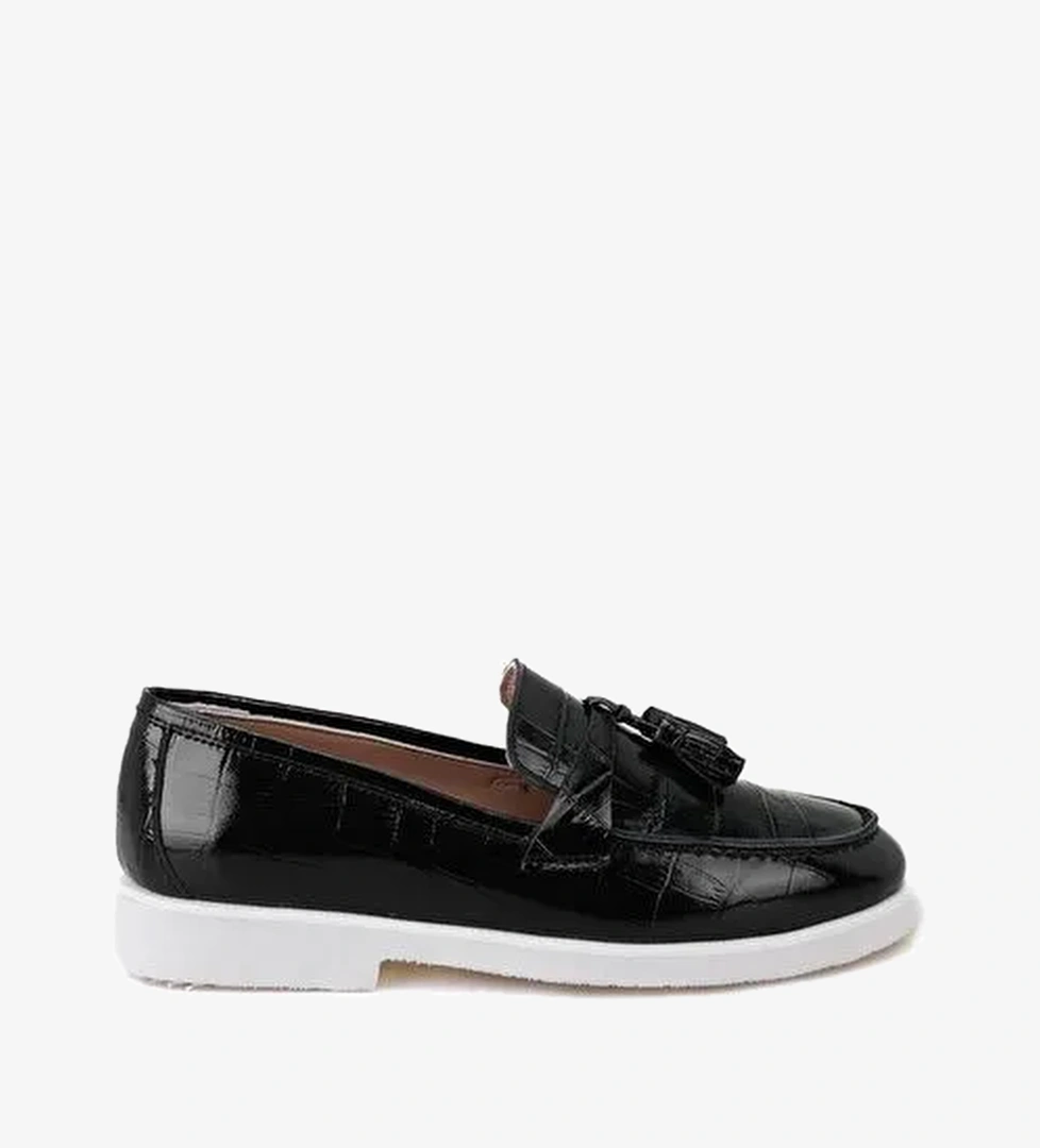 Kadın Siyah Kroko Baskılı Deri Loafer - Görsel 1