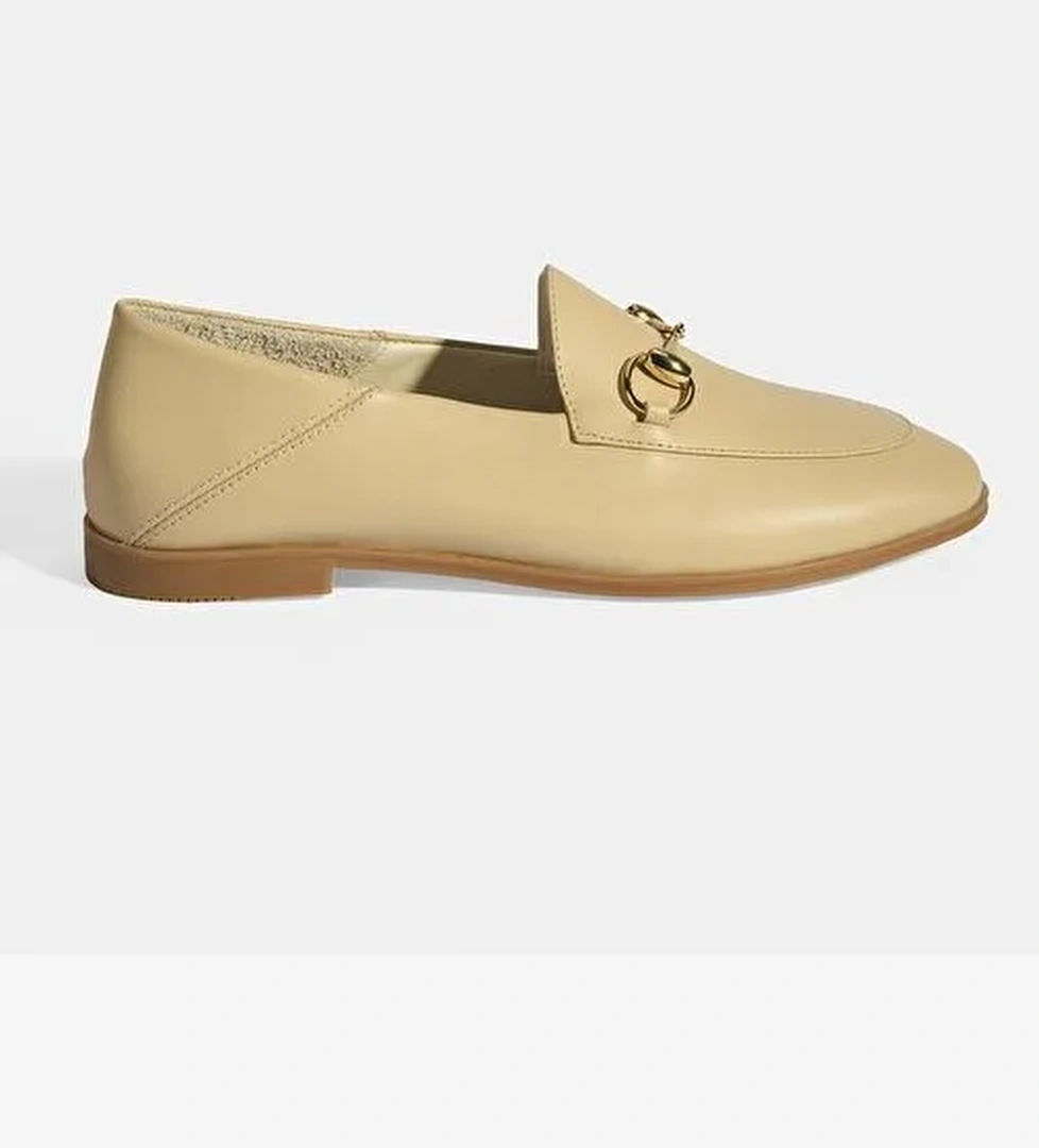 Bej Kadın Toka Aksesuarlı Deri Loafer - Görsel 1