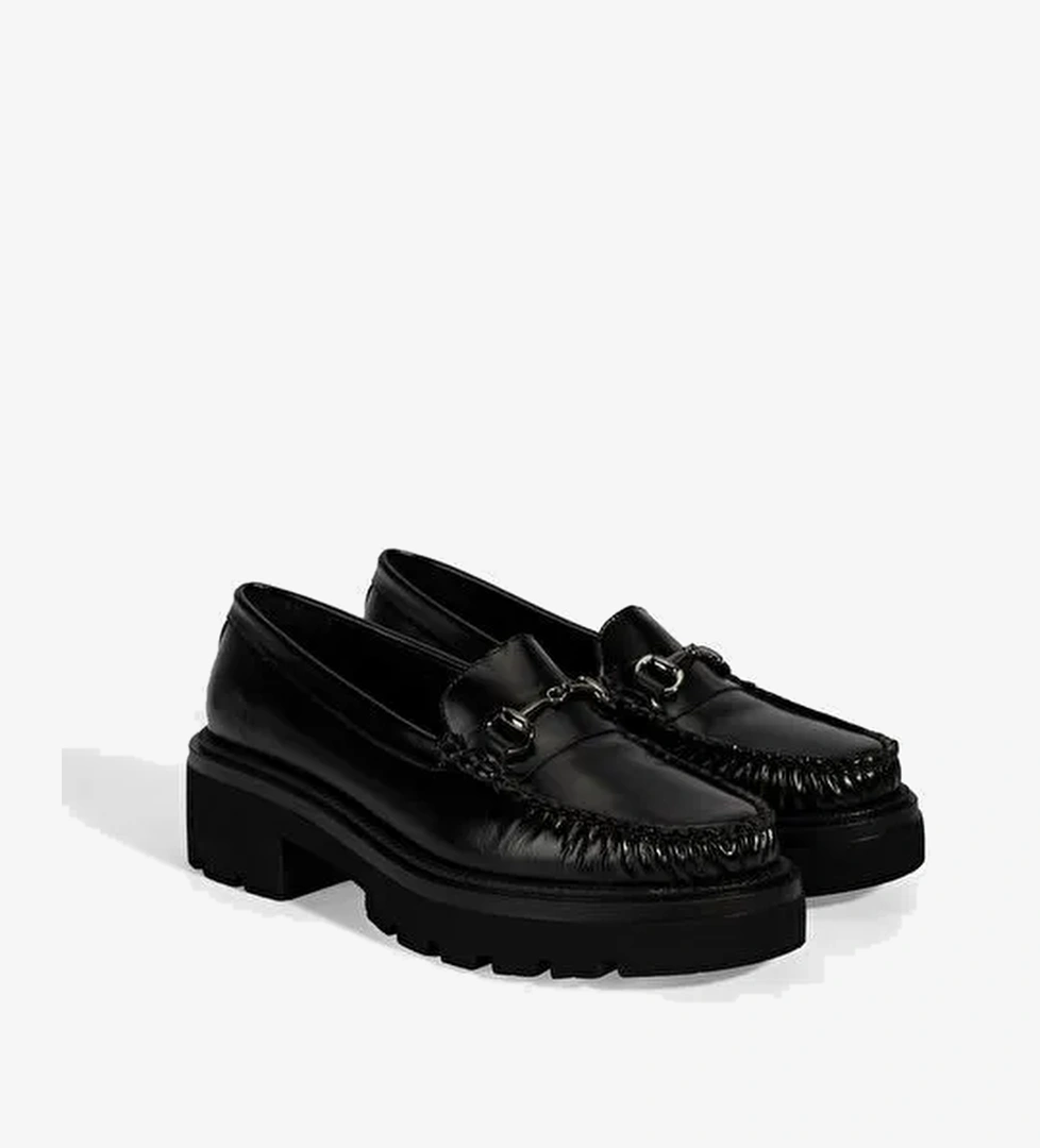 Kadın Siyah Metal Toka Detaylı Deri Loafer - Görsel 1
