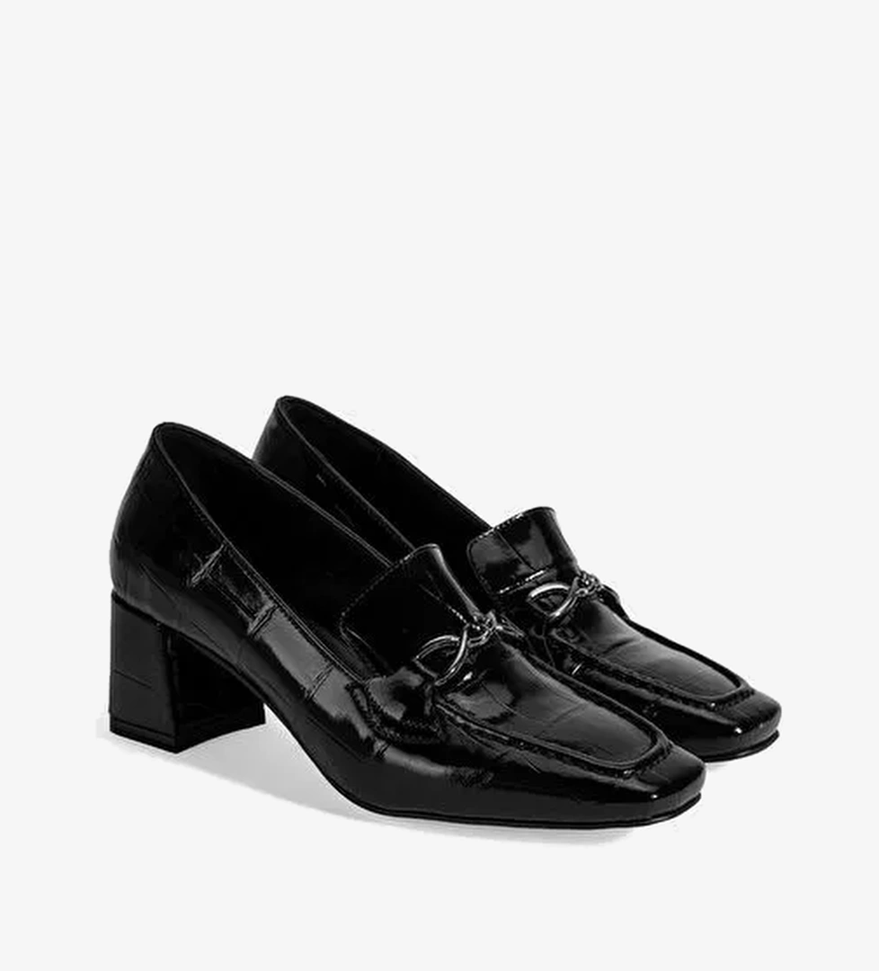Kadın Siyah Kroko Baskılı Topuklu Rugan Loafer - Görsel 1