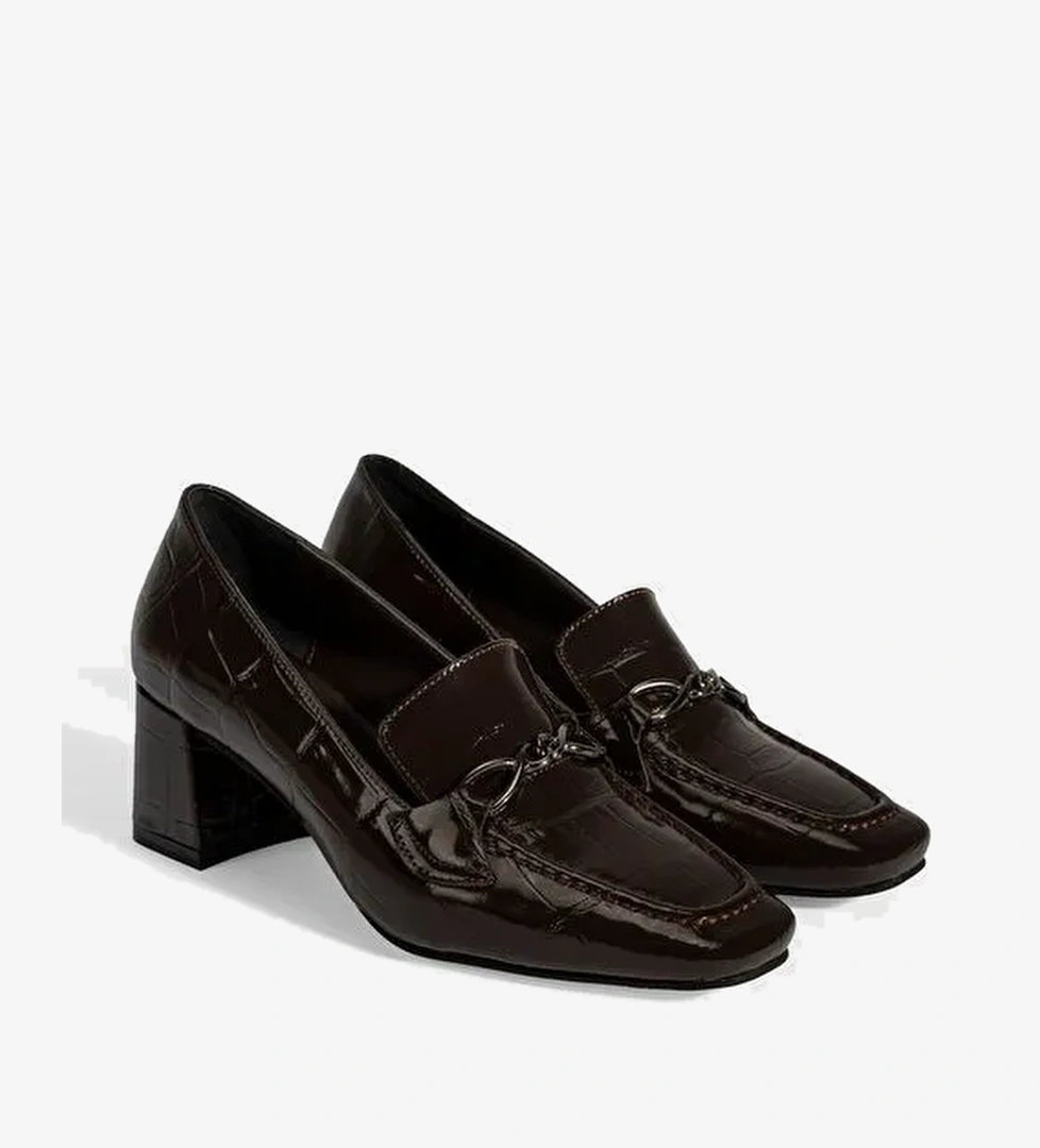 Kadın Kahve Kroko Baskılı Topuklu Rugan Loafer - Görsel 1