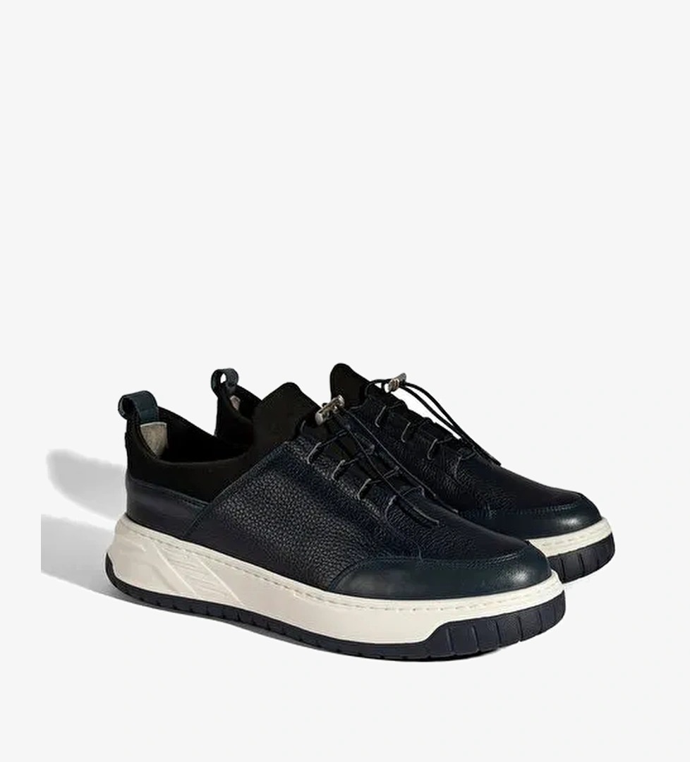 Erkek Lacivert Lastik Bağcıklı Deri Sneaker - Görsel 1