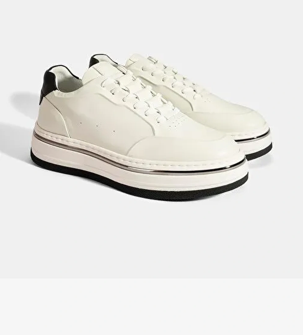 Erkek Beyaz Bağcıklı Deri Spor Ayakkabı - Görsel 1