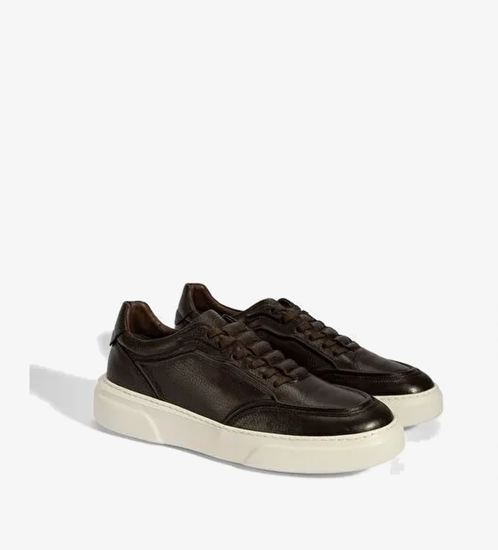 Erkek Kahve Bağcıklı Deri Sneaker - Görsel 1