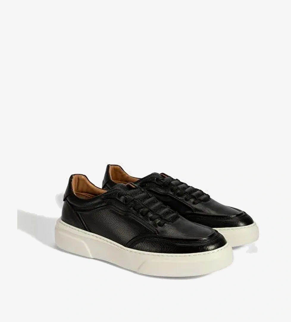 Erkek Siyah Bağcıklı Deri Sneaker - Görsel 1
