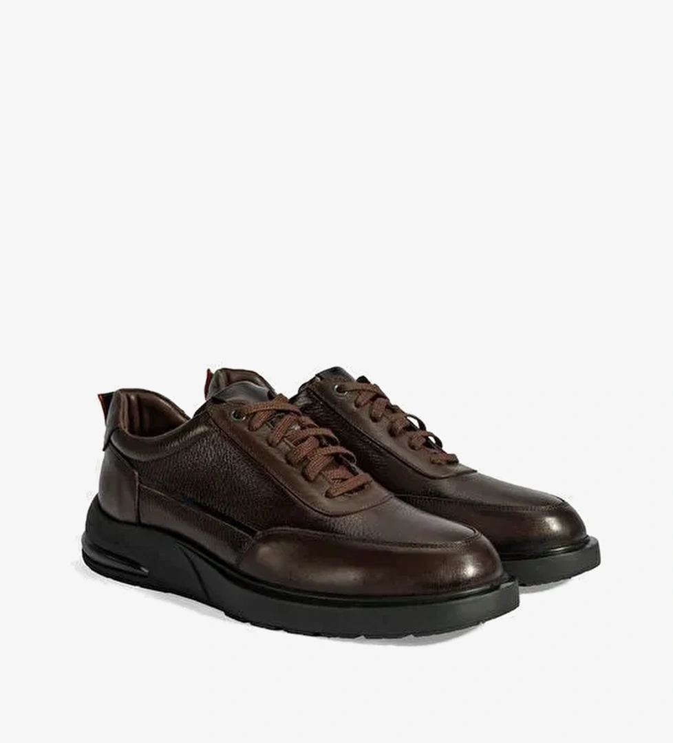 Erkek Kahve Bağcıklı Deri Sneaker - Görsel 1
