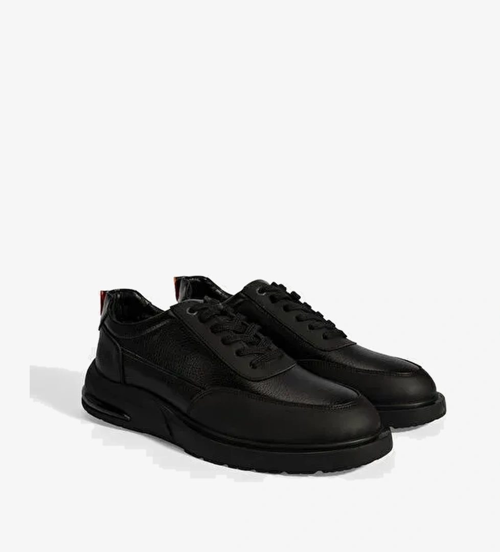Erkek Siyah Bağcıklı Deri Sneaker - Görsel 1