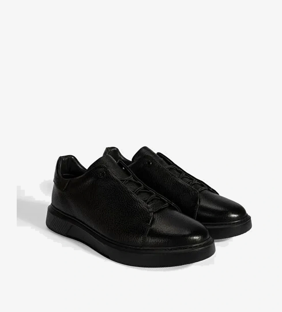 Erkek Siyah Bağcıklı Deri Sneaker - Görsel 1