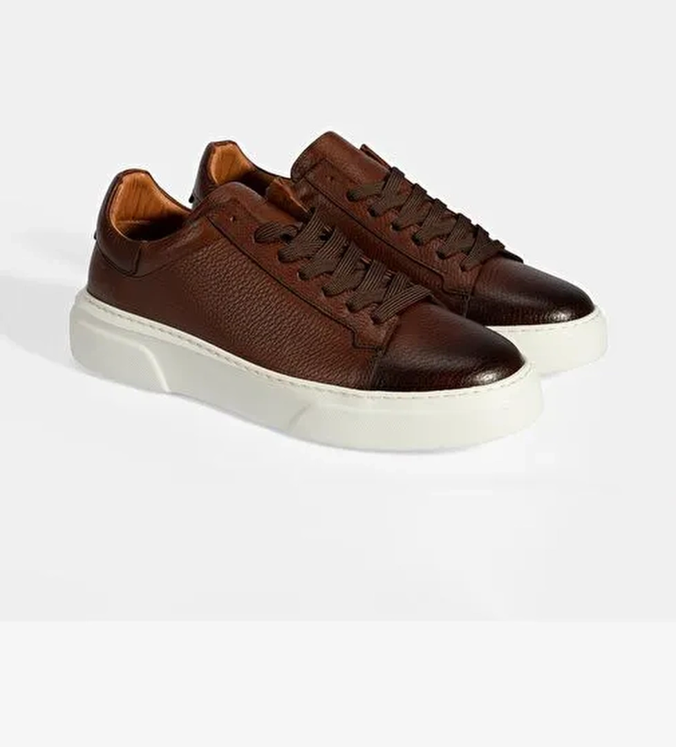 Erkek Taba Bağcıklı Deri Sneaker - Görsel 1