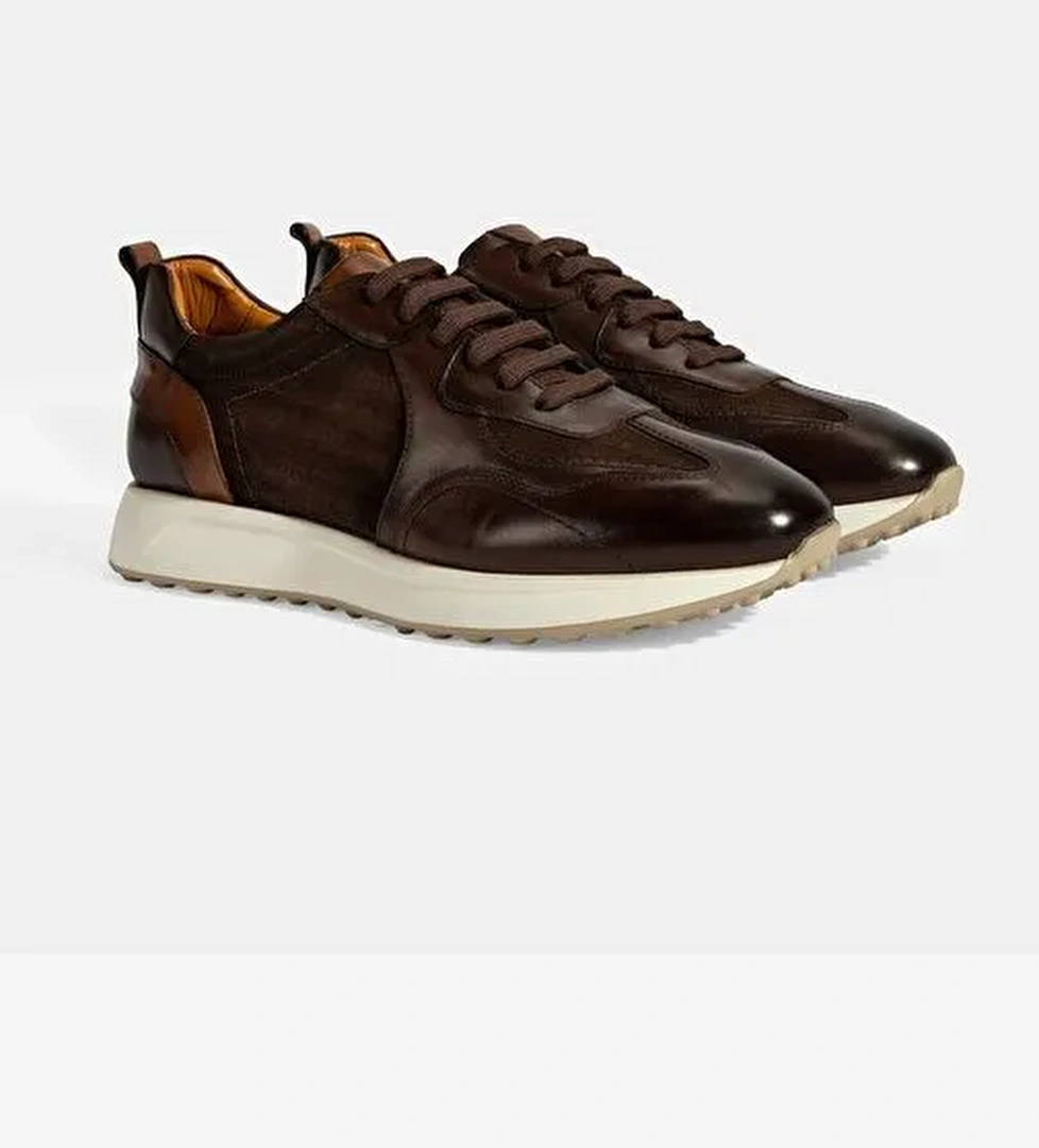 Erkek Kahve Bağcıklı Deri Spor Ayakkabı - Görsel 1