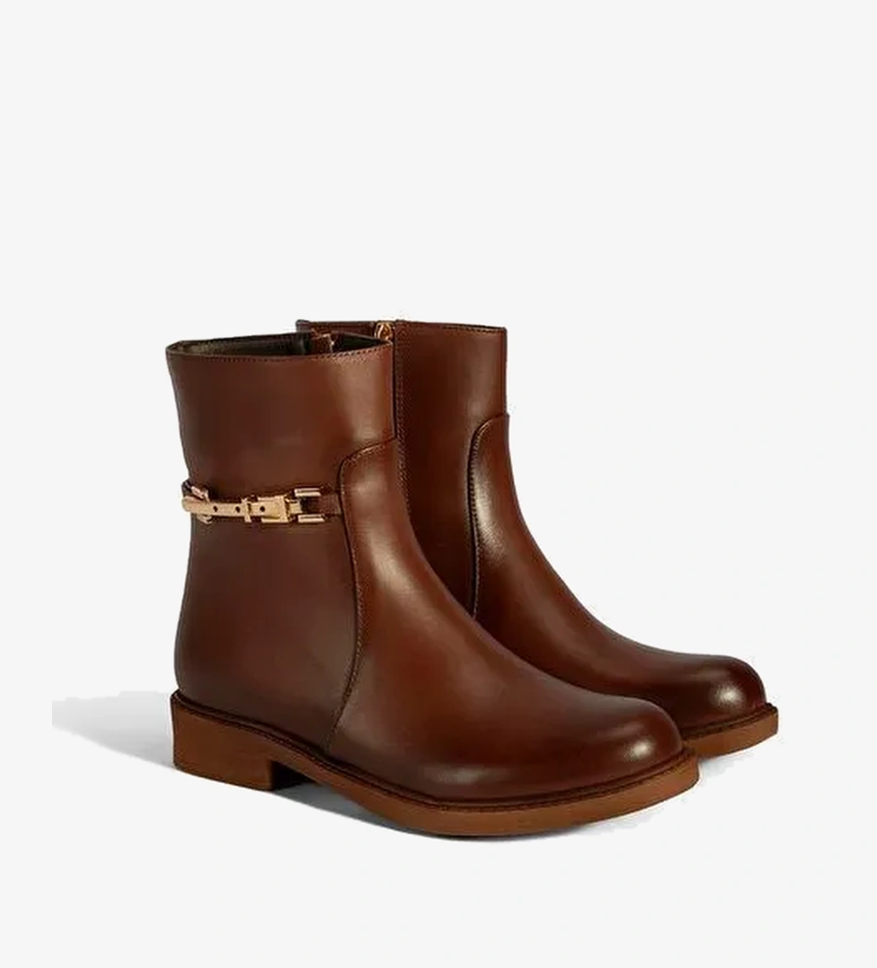 Kadın Taba Metal Aksesuarlı Deri Bot - Görsel 1