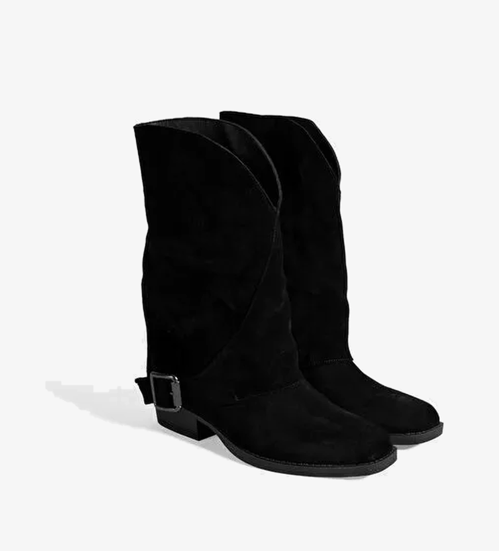 Kadın Siyah Katlama Detaylı Süet Bot - Görsel 1