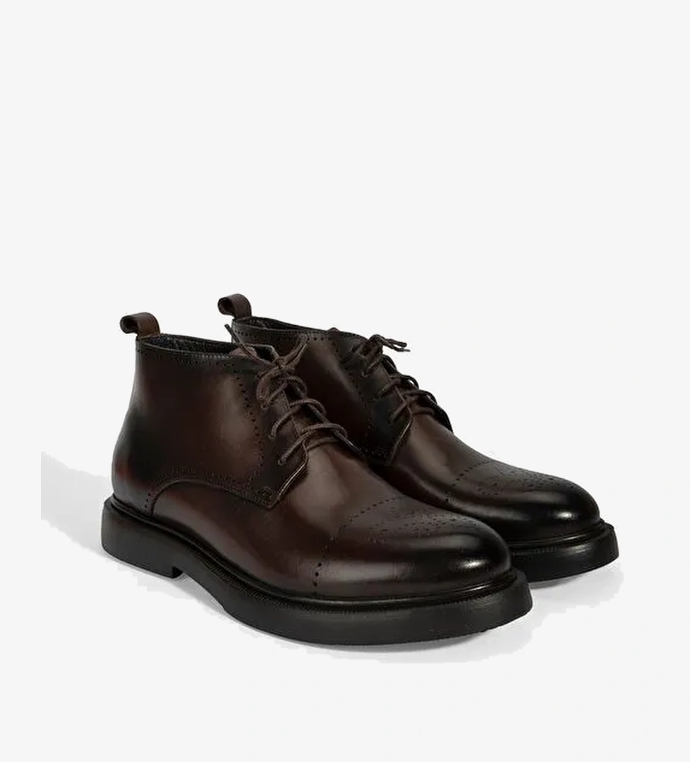 Erkek Kahve Bağcıklı Deri Bot - Görsel 1