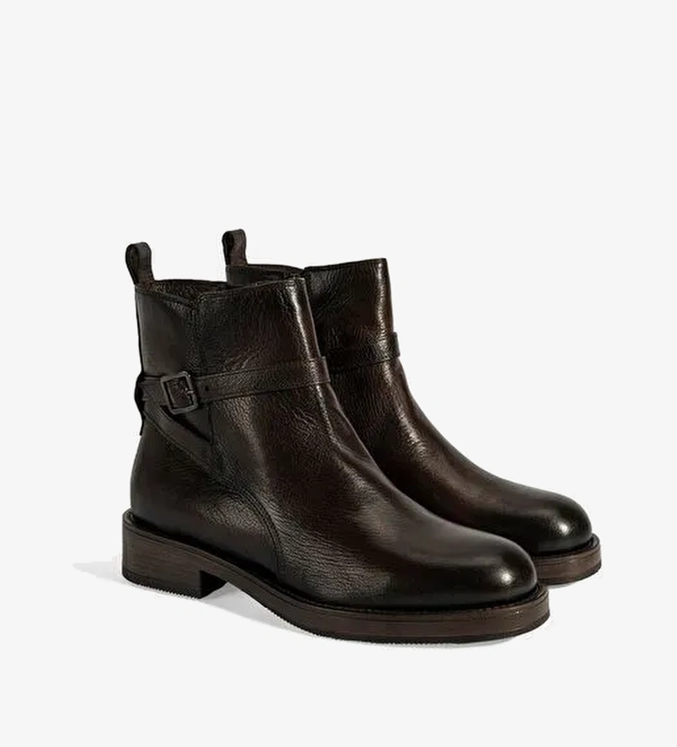 Kadın Kahve Ayarlanabilir Tokalı Deri Bot - Görsel 1