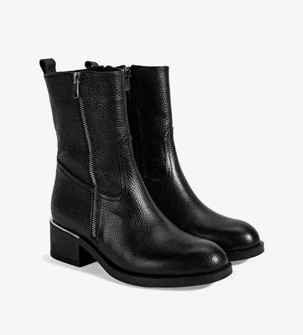 Kadın Siyah Fermuarlı Deri Topuklu Bot - Görsel 1