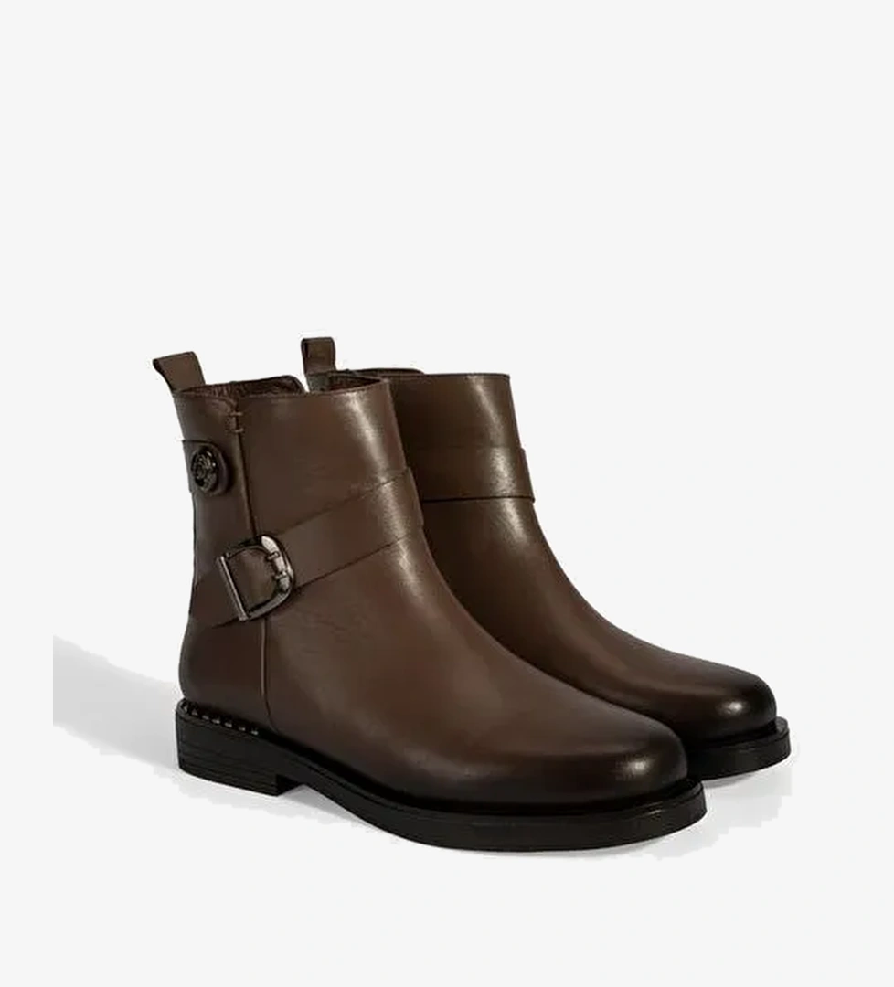 Kadın Kahve Metal Toka Detaylı Deri Bot - Görsel 1