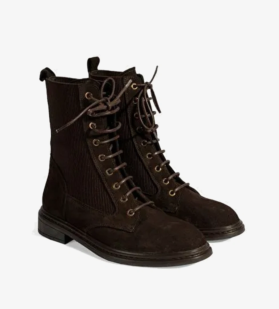 Kadın Kahve Lastik Detaylı Bağcıklı Süet Postal Bot - Görsel 1