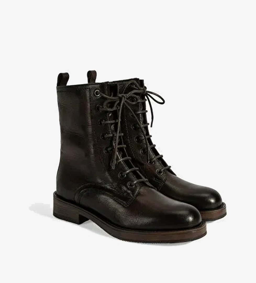 Kadın Kahve Bağcıklı Deri Postal Bot - Görsel 1