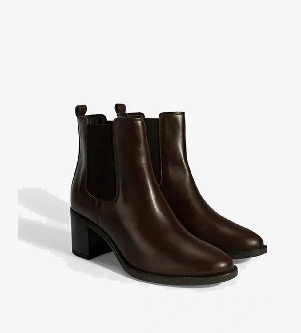 Kadın Kahve Lastikli Topuklu Deri Bot - Görsel 1