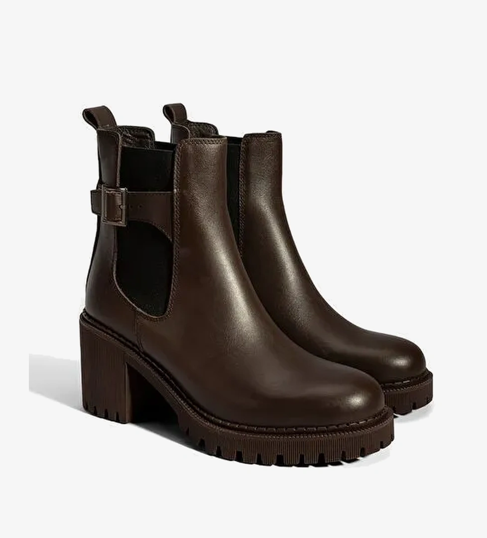 Kadın Kahve Metal Toka Detaylı Topuklu Bot - Görsel 1