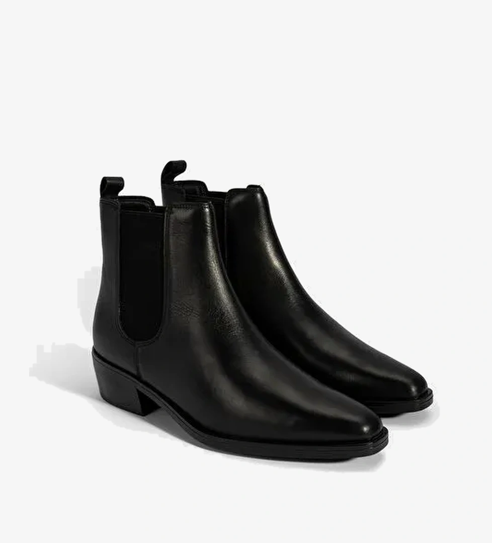 Kadın Siyah Lastik Detaylı Topuklu Deri Bot - Görsel 1