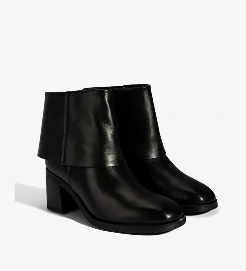 Kadın Siyah Katlama Detaylı Topuklu Deri Bot - Görsel 1