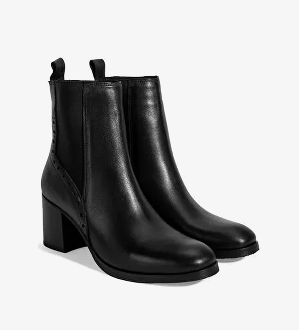 Kadın Siyah Lastik Detaylı Topuklu Deri Bot - Görsel 1