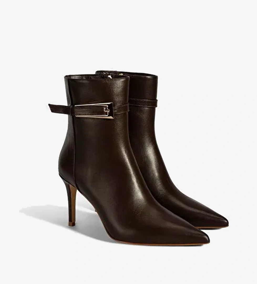 Kadın Kahve Sivri Burunlu İnce Topuklu Deri Bot - Görsel 1