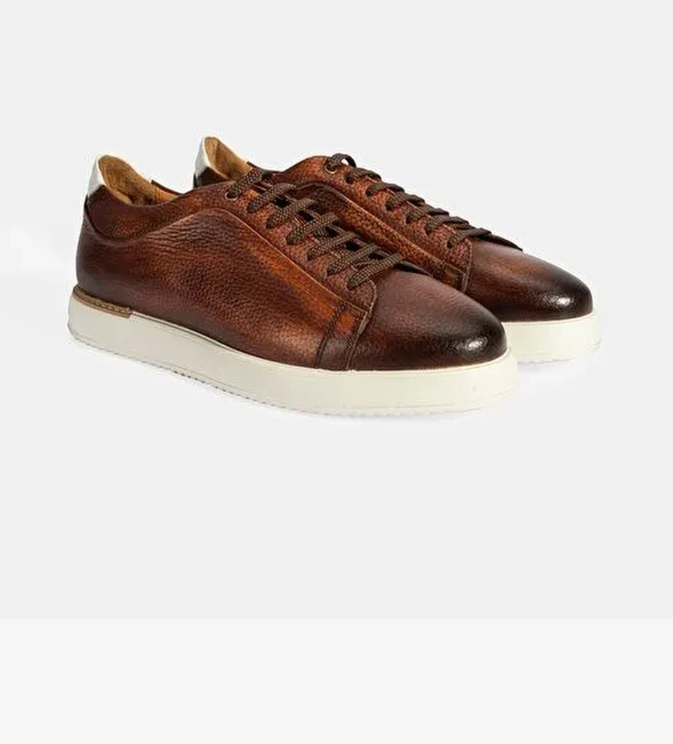 Erkek Taba Bağcıklı Deri Sneaker - Görsel 1