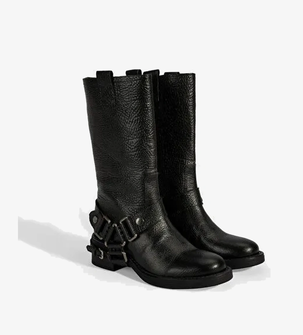 Kadın Siyah Metal Aksesuarlı Deri Biker Bot - Görsel 1