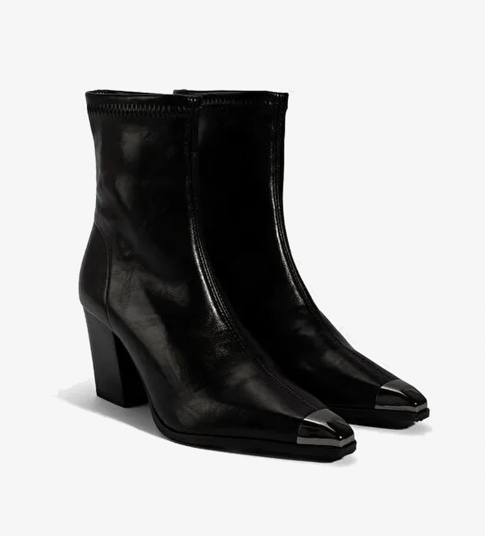 Kadın Siyah Metal Burun Detaylı Topuklu Stretch Bot - Görsel 1