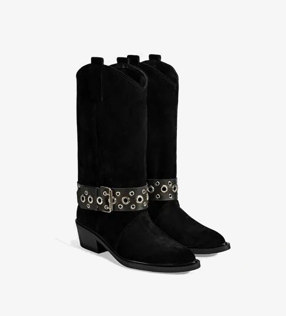 Kadın Siyah Ayarlanabilir Kemer Aksesuarlı Süet Bot - Görsel 1