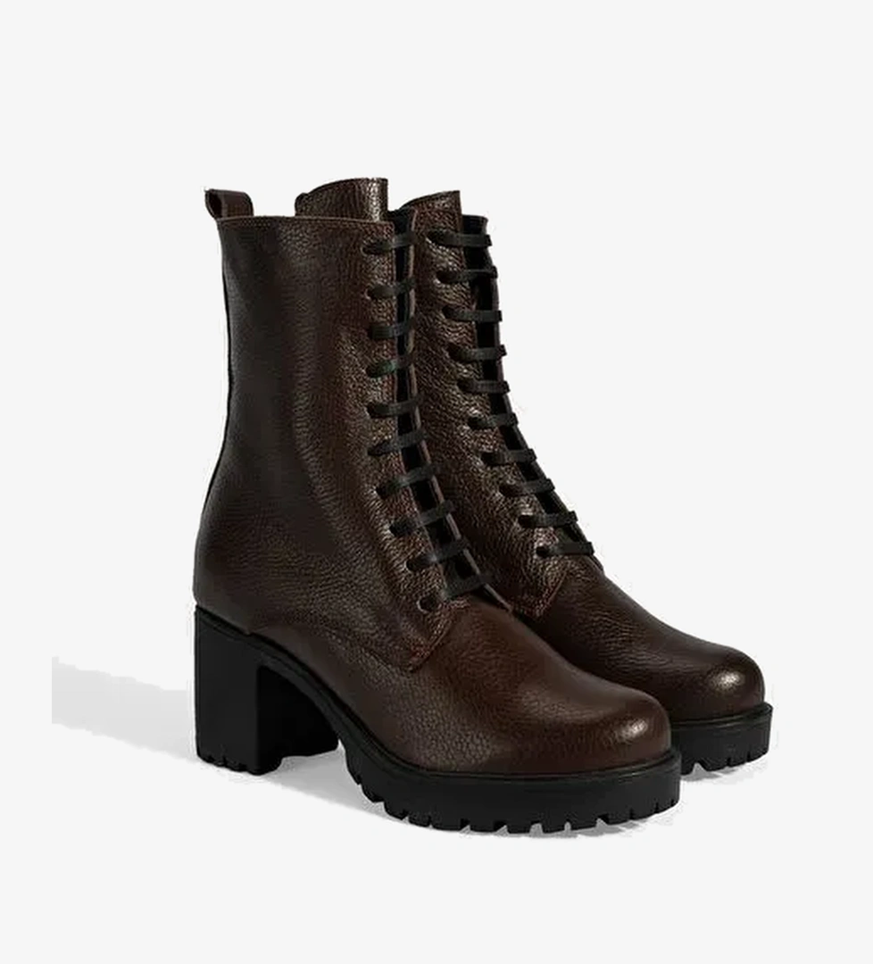 Kadın Kahve Bağcıklı Kalın Topuklu Deri Bot - Görsel 1