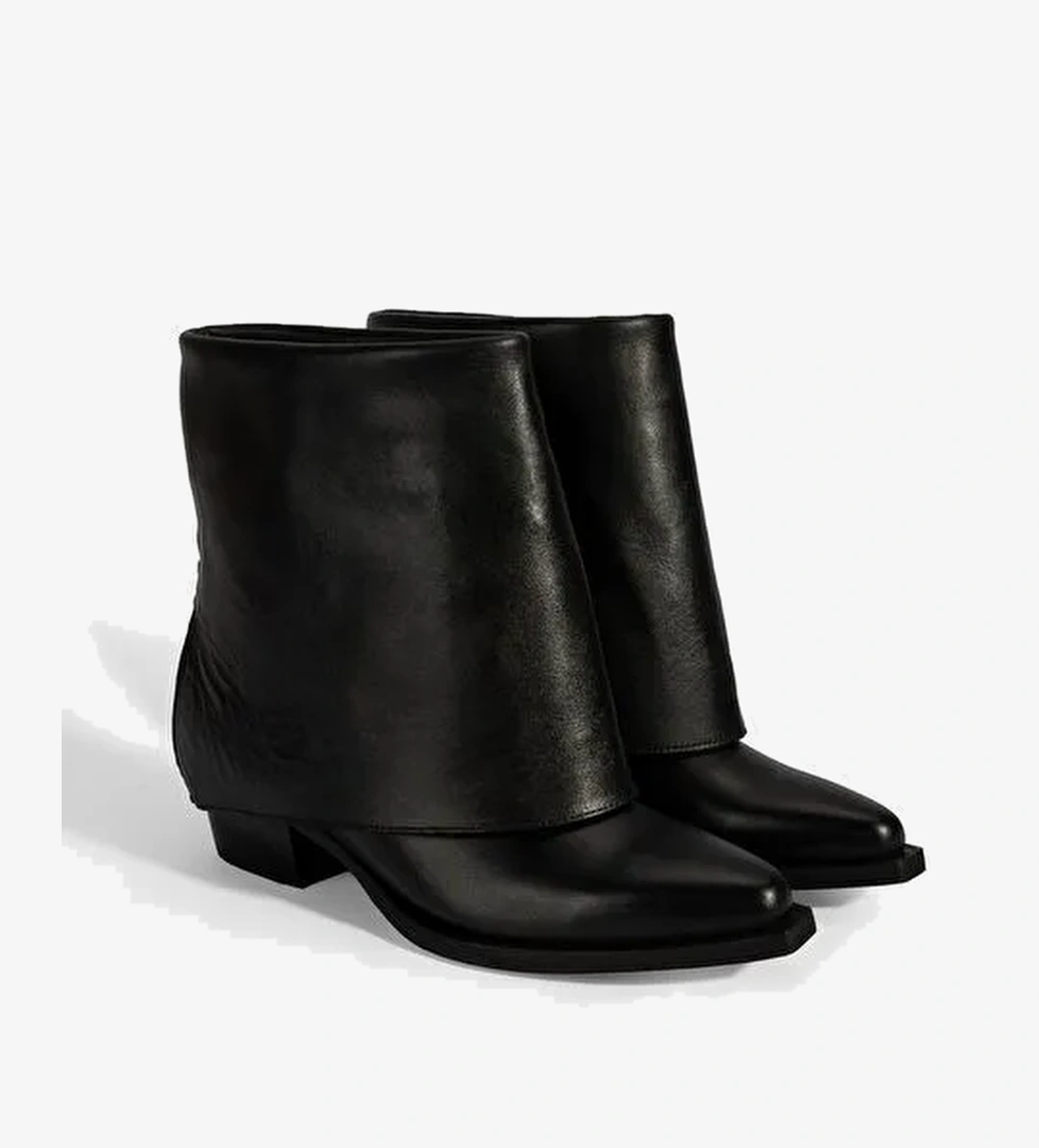 Kadın Siyah Katlama Detaylı Topuklu Deri Bot - Görsel 1