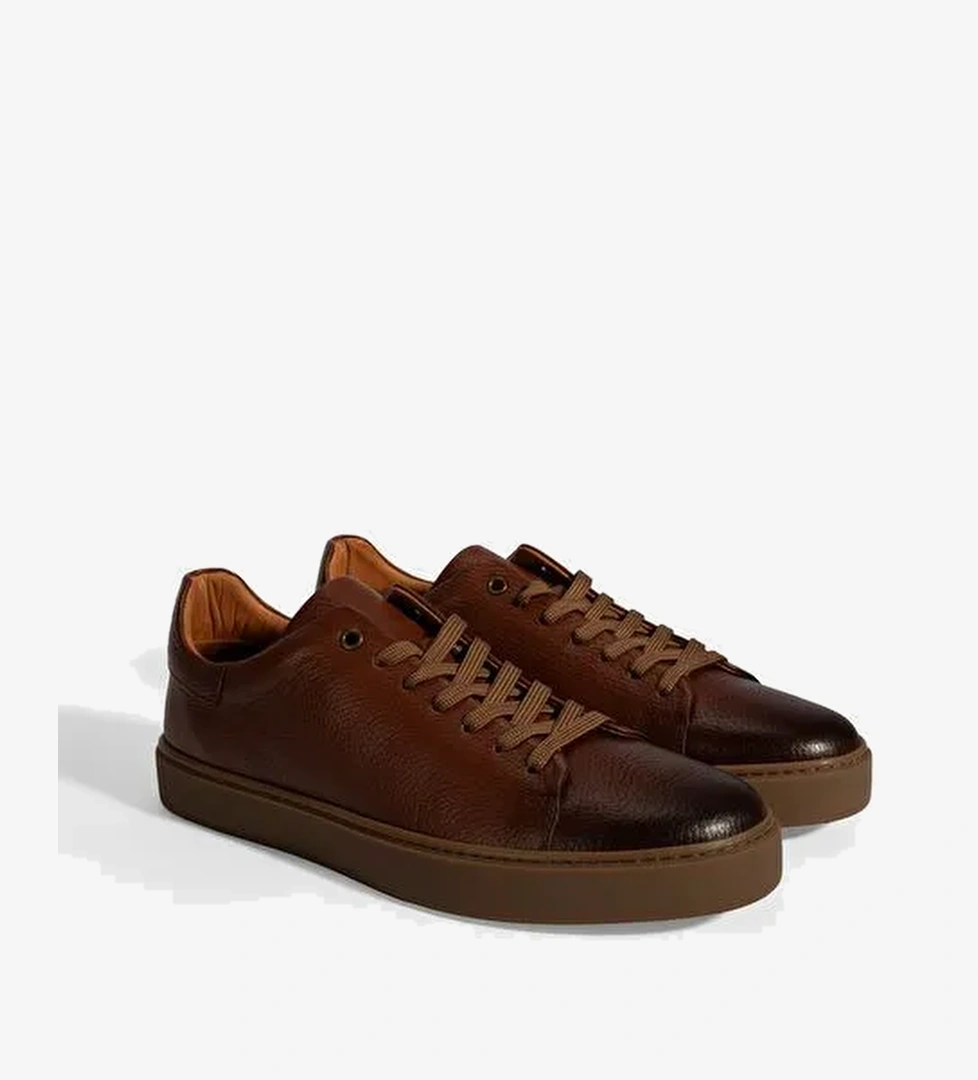 Erkek Taba Bağcıklı Deri Sneaker - Görsel 1