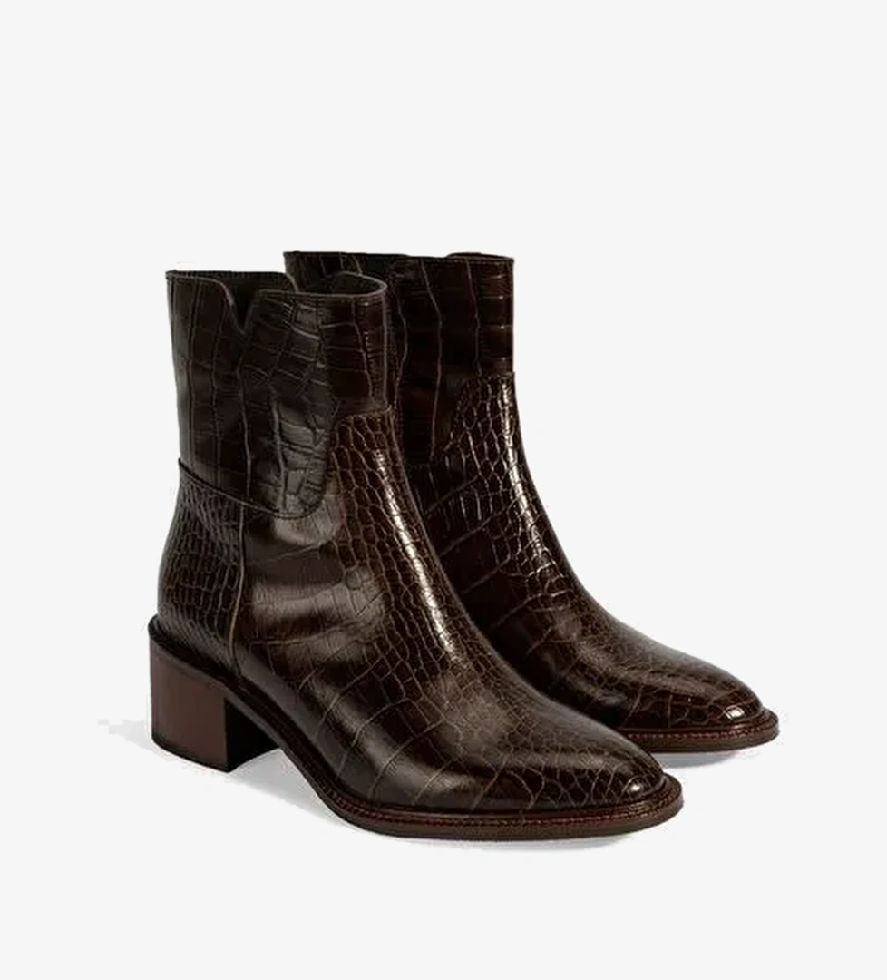 Kadın Kahve Kroko Baskılı Fermuarlı Deri Topuklu Bot - Görsel 1