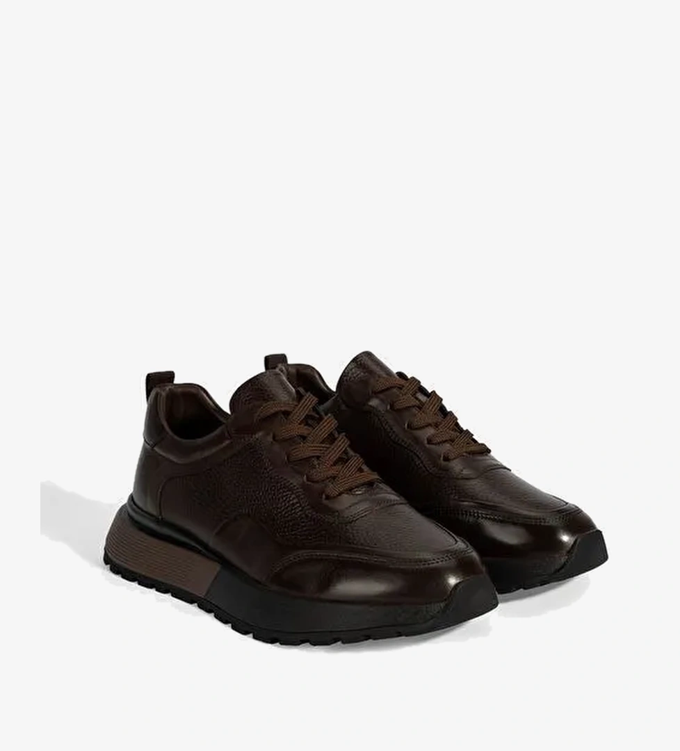 Erkek Kahve Bağcıklı Kalın Tabanlı Deri Sneaker - Görsel 1