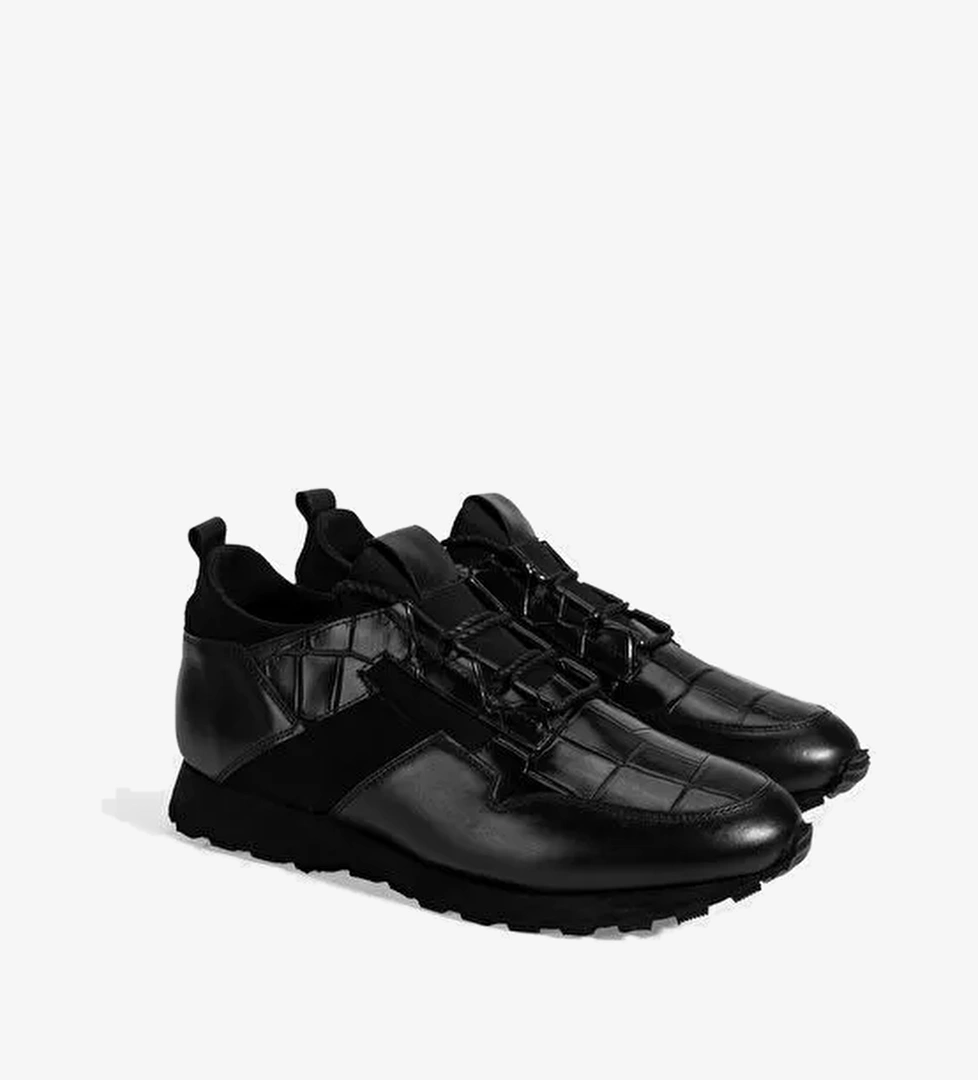 Erkek Siyah Kroko Baskılı Bağcıklı Deri Spor Ayakkabı - Görsel 1