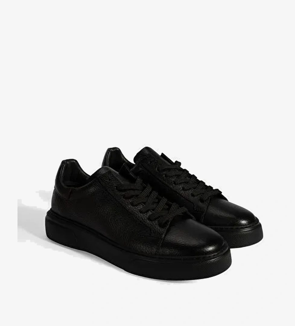 Erkek Siyah Bağcıklı Deri Sneaker - Görsel 1