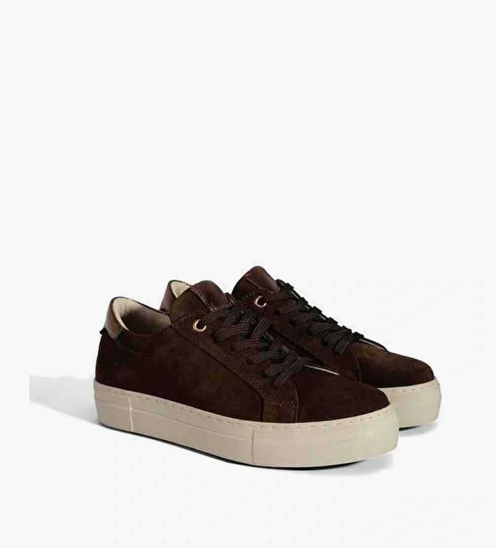 Kadın Kahve Bağcıklı Kalın Tabanlı Süet Deri Sneaker - Görsel 1
