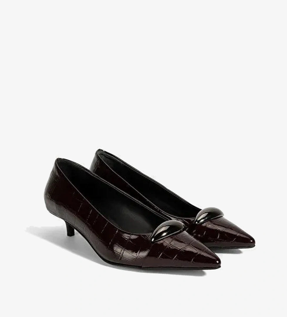 Kadın Bordo Kroko Baskılı Deri Topuklu Ayakkabı - Görsel 1