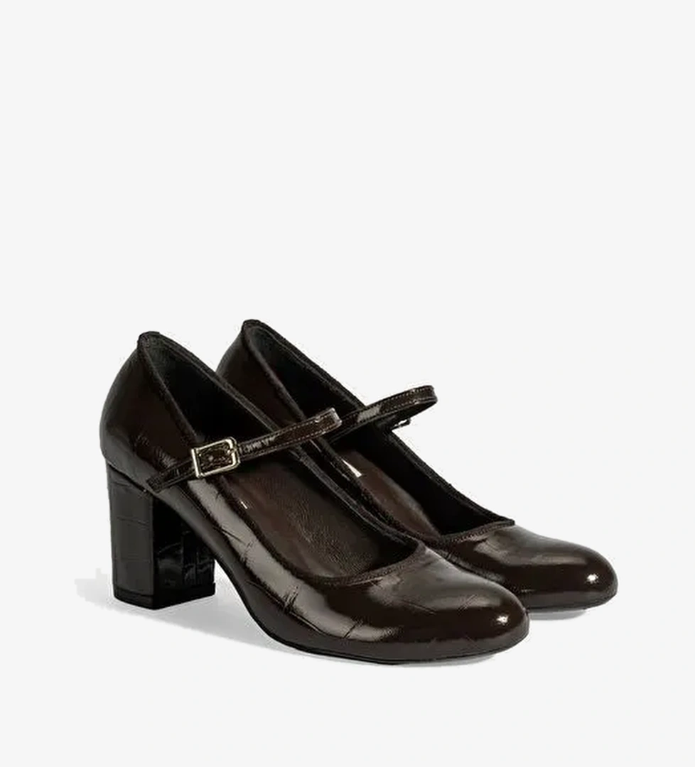 Kadın Kahve Ayarlanabilir Metal Tokalı Mary Jane Topuklu Ayakkabı - Görsel 1