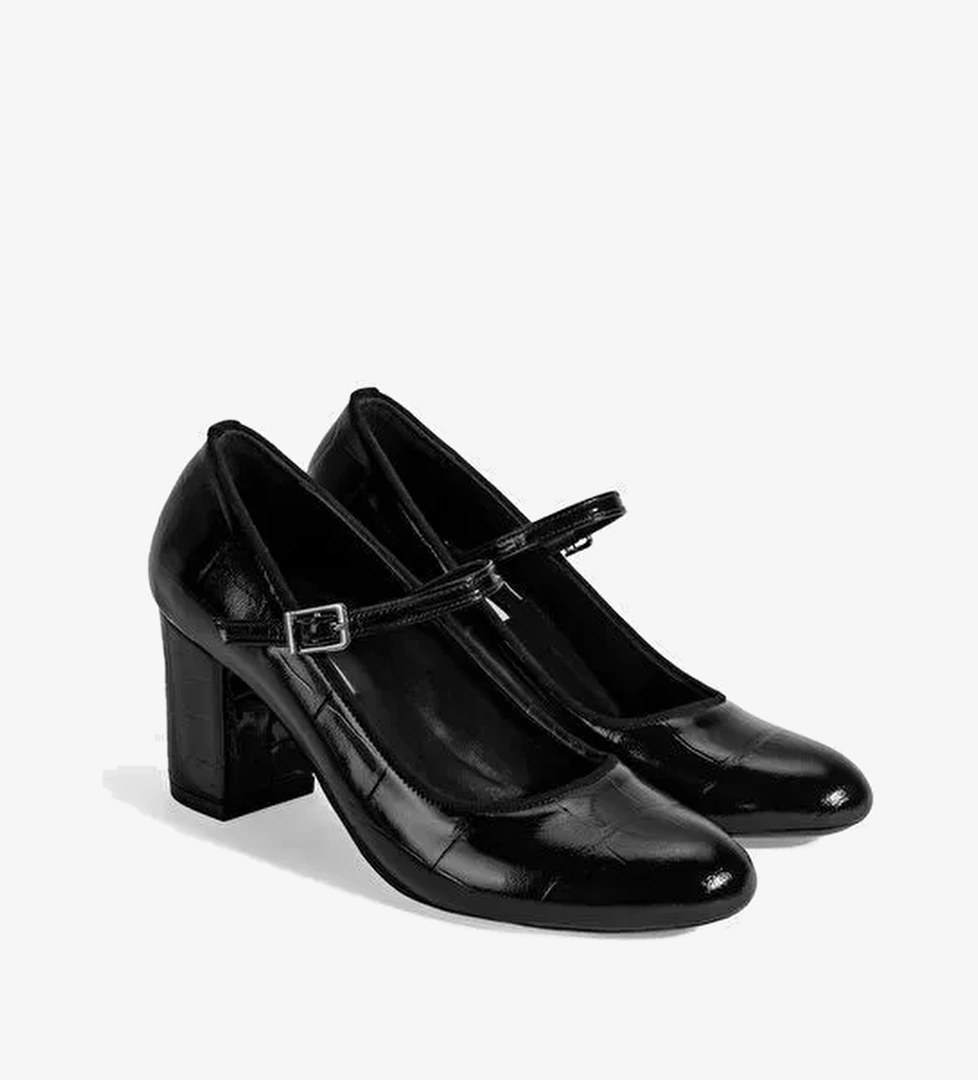 Kadın Siyah Ayarlanabilir Metal Tokalı Mary Jane Topuklu Ayakkabı - Görsel 1