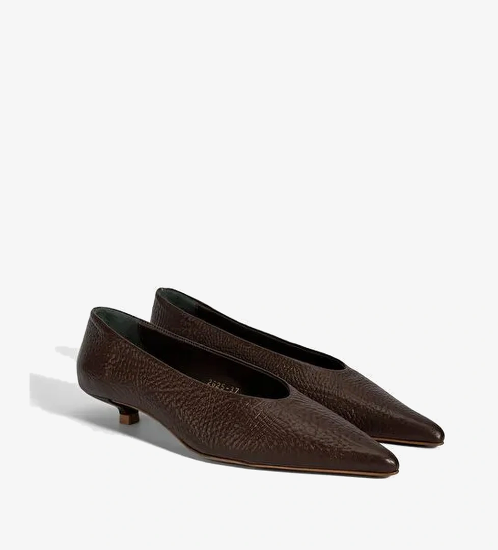 Kadın Kahve İnce Kısa Topuklu Deri Ayakkabı - Görsel 1